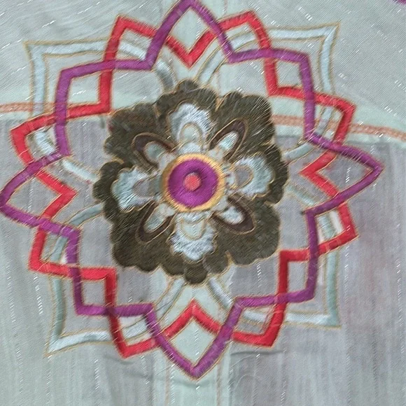 Aziz | Mint Green Floral Embroidered Metallic Thread Cotton Button Up Shirt M - Picture 6 of 17